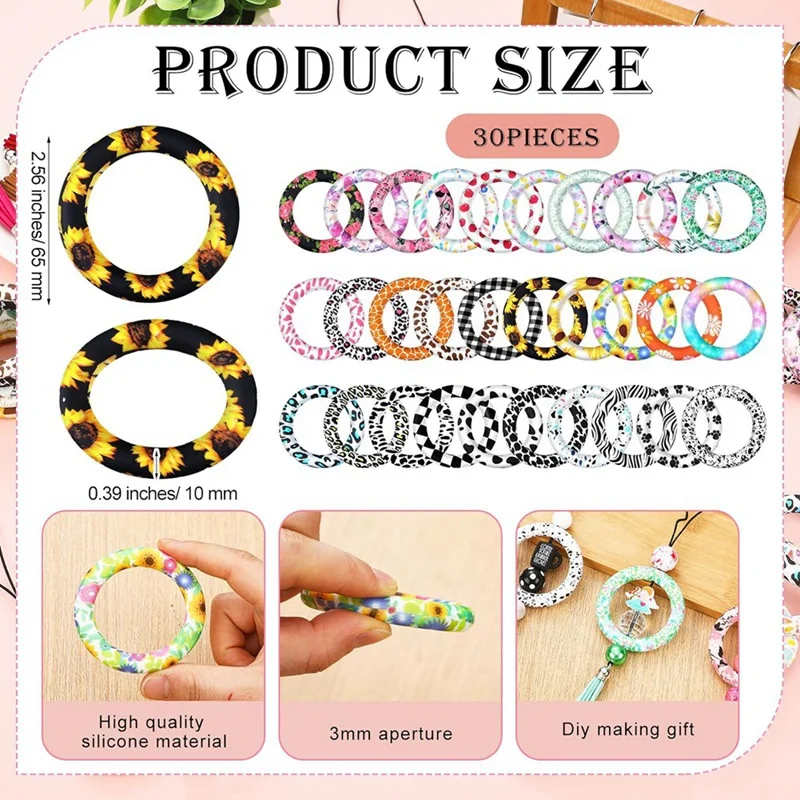 Silicone Beaded Ring Making Kit 65Mm Round Silicone Bead Ring And Keychain Tassel For DIY Keychain Bracelet Jewelry, Durable