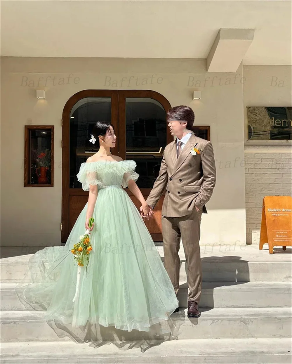 Bafftafe Tulle Korea Prom Dresses Customized Ruffles Straps Corset 프롬드레스 Short Sleeves Women Formal Party Wedding Photo Gowns