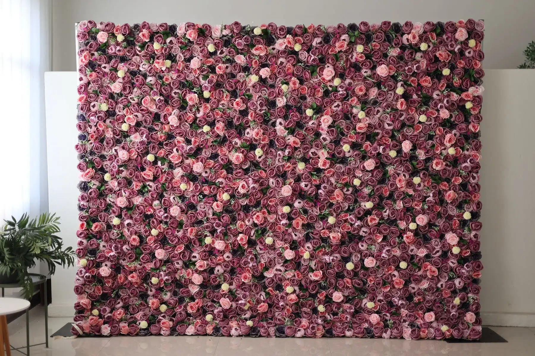 Mixed Flower Series 3D Purple Rose greenery Fabric artificial Flower Wall Roll Curtain fabric Birthday party wedding background