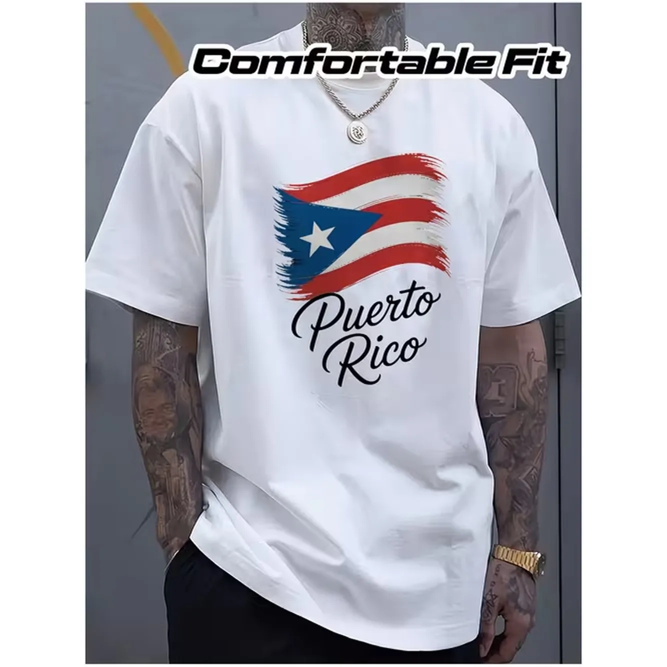 Mens Puerto Flag Pattern T Shirt Puerto Pride Letter Print Traditional Month And Cultural Event Soft Machine Wash Casual Short Sleeve Shirt Fashionable Mens Wear