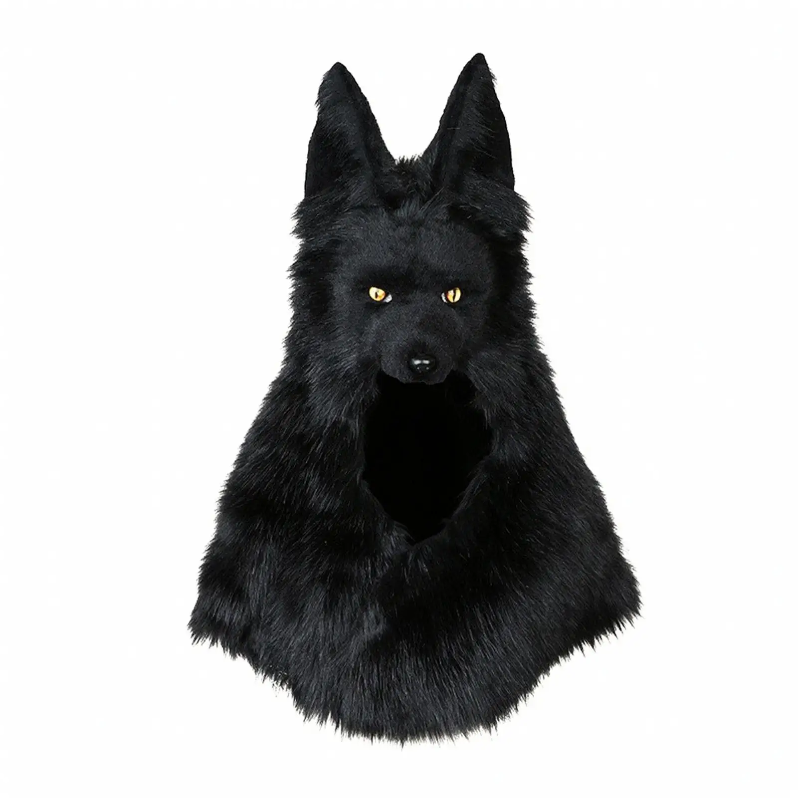 Black Furry Wolf Head Hood for Halloween Costume Plush Mask Adult Beast Cosplay Hat with Snout Ears Faux Fur Party