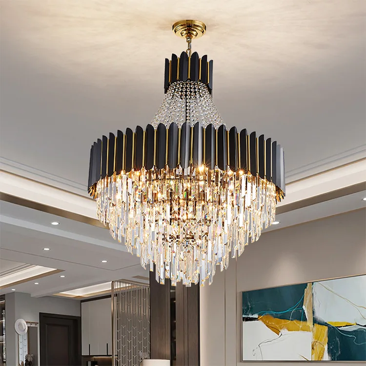 

Duplex light luxury living room, high and high hollow high-rise villa staircase lamp, crystal chandelier