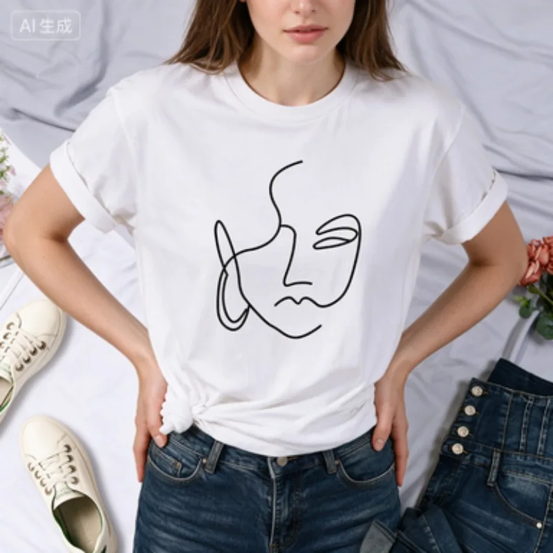 Abstract Simple Stroke Face Prints Women's T-shirt Hip Hop Breathable Short Sleeve Soft Street Casual Top Women's T-shirt