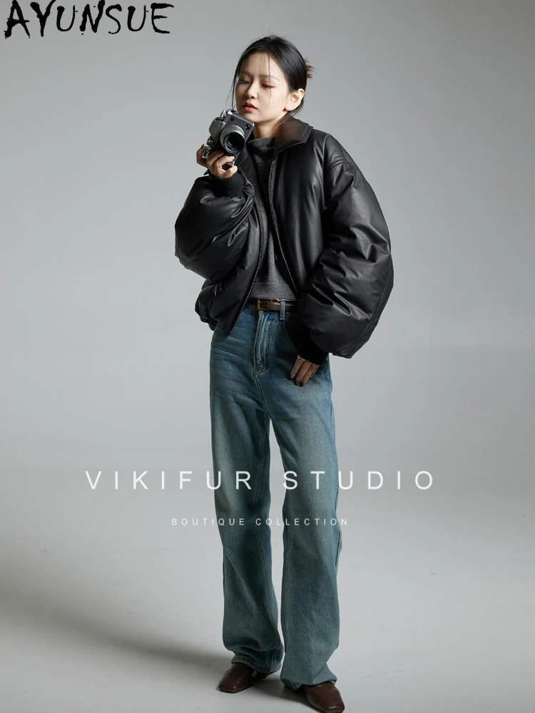 AYUNSUE Kurtka damska z prawdziwej skóry owczej, odzież zimowa, 90% białego puchu gęsiego, płaszcze damskie w stylu vintage, Jaqueta De Couro