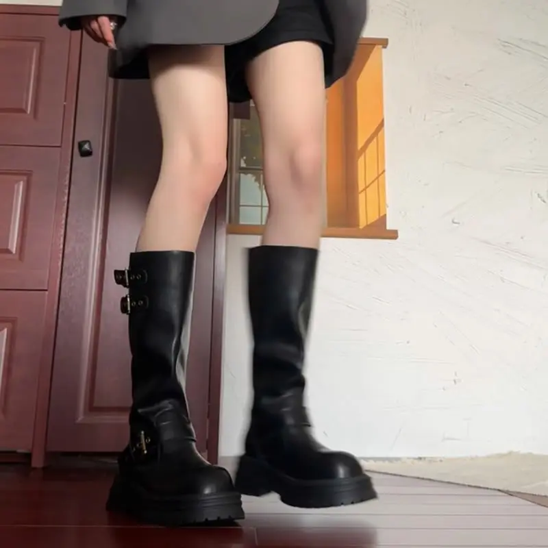 الشتاء حزام مشبك امرأة حذاء برقبة للركبة موضة منصة الكعوب فارس الجوارب الطويلة السيدات حذاء مريح Zapatos Mujer #3