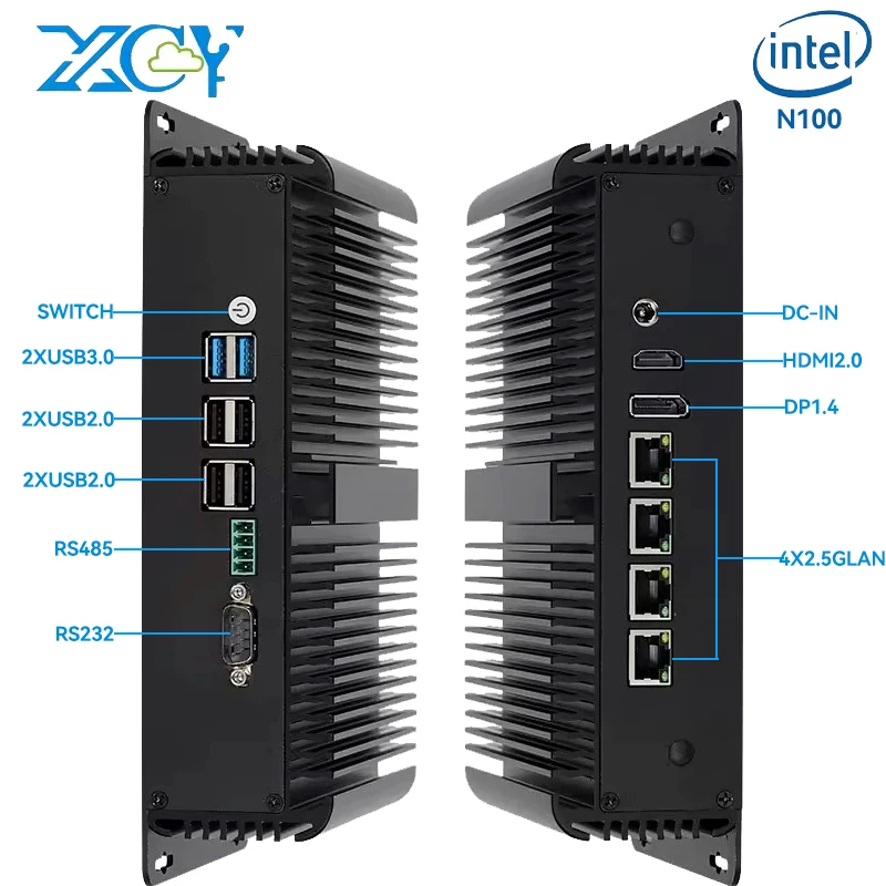 XCY อุตสาหกรรม Mini PC พร้อม N100 รองรับ WiFi Linux Fanless คอมพิวเตอร์ 2xUSB3.0 4xUSB2.0 1xHDMI2.0 1xDP1.4 Windows10 Ready