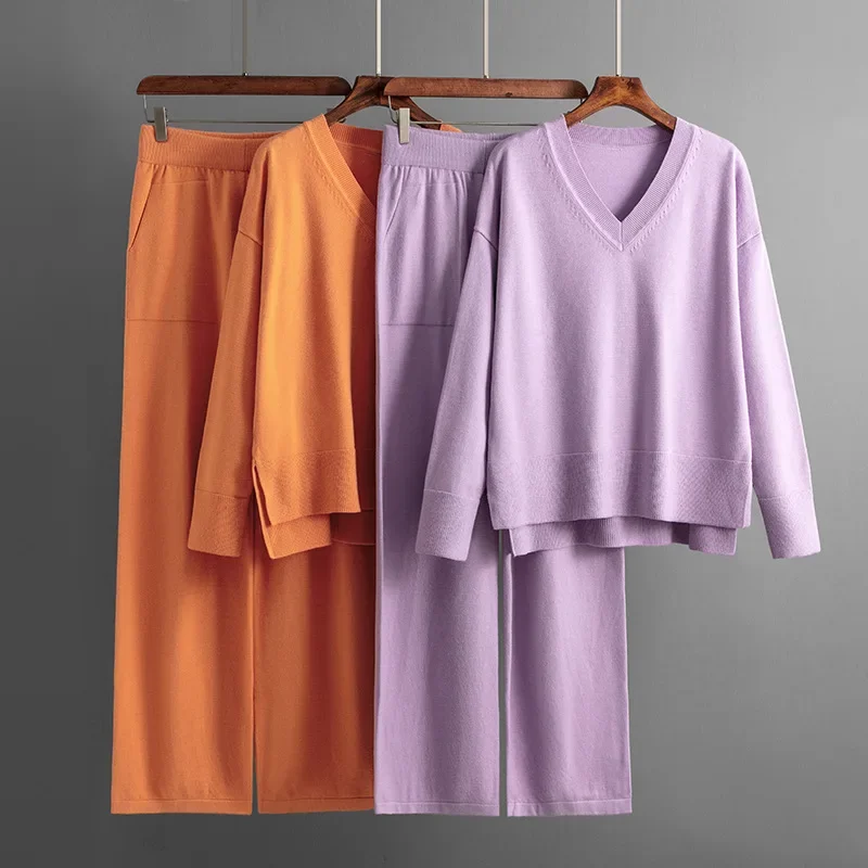 

Женские вязаные костюмы, осенне-зимний брючный костюм, свободный однотонный пуловер, вязаные свитера, топы, широкие брюки, комплект из двух предметов