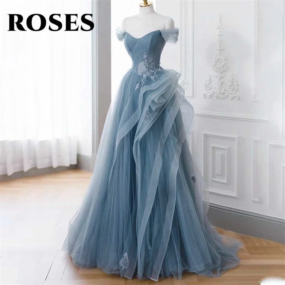 

ROSES Blue Evening Dress V-Neck Tulle A-Line Long Corset Prom Dress with Pleats Off The Shoulder Appliques 프롬드레스 Party Dresses