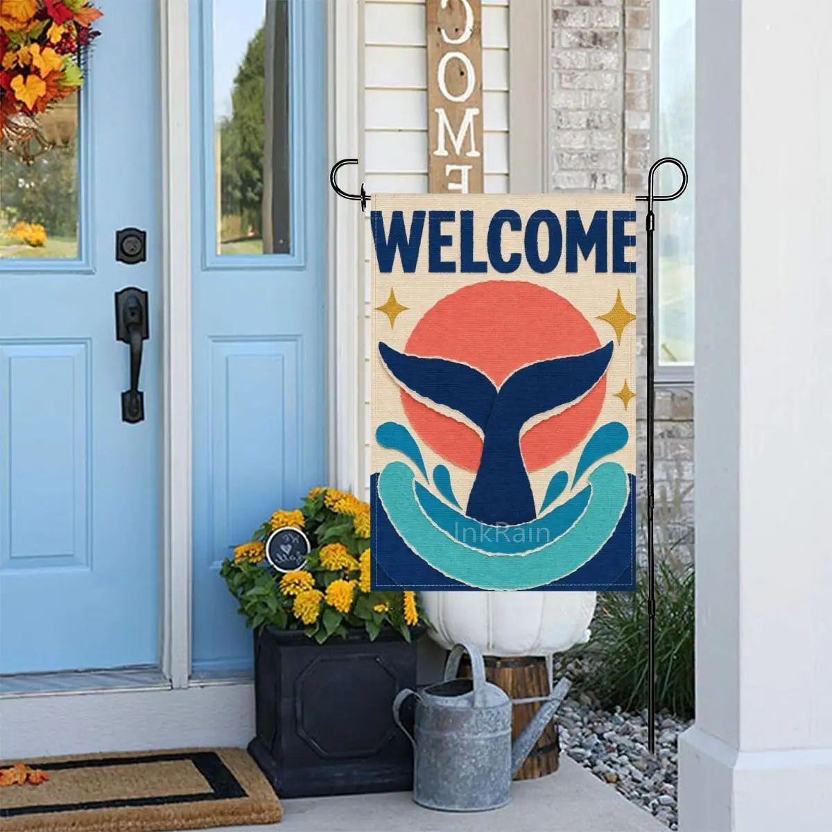 InkRain Whale Welcome Garden Flag Whale Tail Sunset Ocean Wave Scene 12x18 Inch Double Sided Linen Nautical Coastal Outdoor  xxl