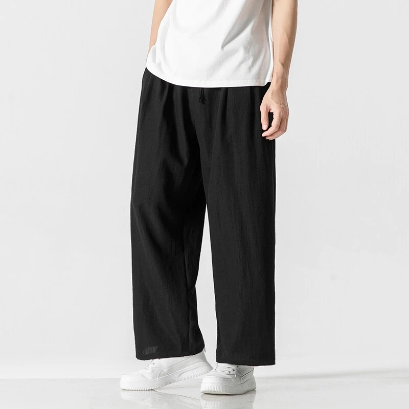 Men Cotton Linen Wide Leg Pants Straight Leg Pants Summer Light Thin Elastic Waist Sweatpants Loose Oversize Solid Casual Pants