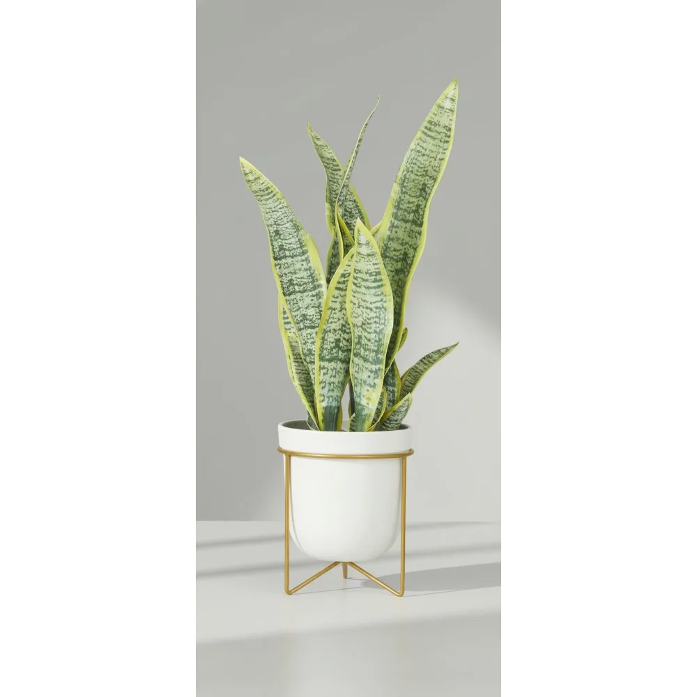 

Artificial Snake Plant with White Pot & Gold Stand, Realistic Faux Foliage for Indoor Outdoor Decor, Home Office Gift