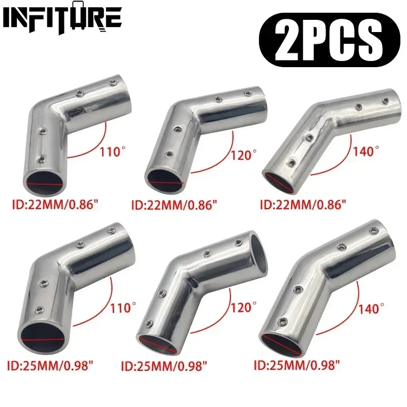 2PCS 22/25mm Stainless Steel Pipe Connector 2-Way Boat Hand Rail Fitting Yacht Hand Pipe 110/120/140 Degree Elbow Heavy Dudy