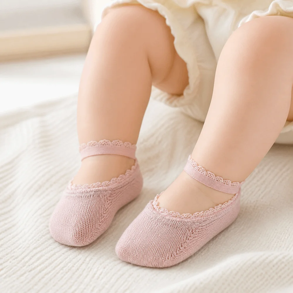 New Solid Color Infant Lace Socks Soft Cotton Rubber Soles Newborn Socks Solid Breathable Socks For Newborns