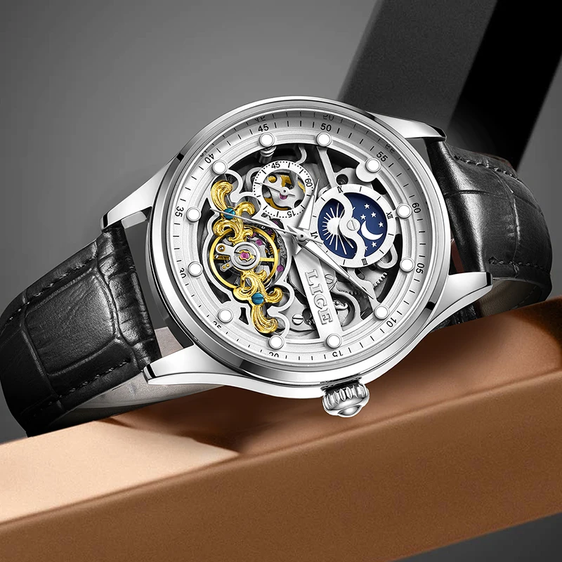 LIGE ساعة ميكانيكية مجوفة جديدة للرجال موضة الأعمال الرياضية مضيئة ساعة أوتوماتيكية الرجال الفاخرة مقاوم للماء ساعات رجالية