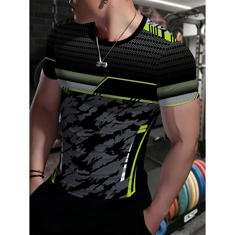 Men's Black Honeycomb Texture Gray Camouflage Fluorescent Green Contrast Stripe Fitted Short Sleeve Sports Shirt High Elasticity