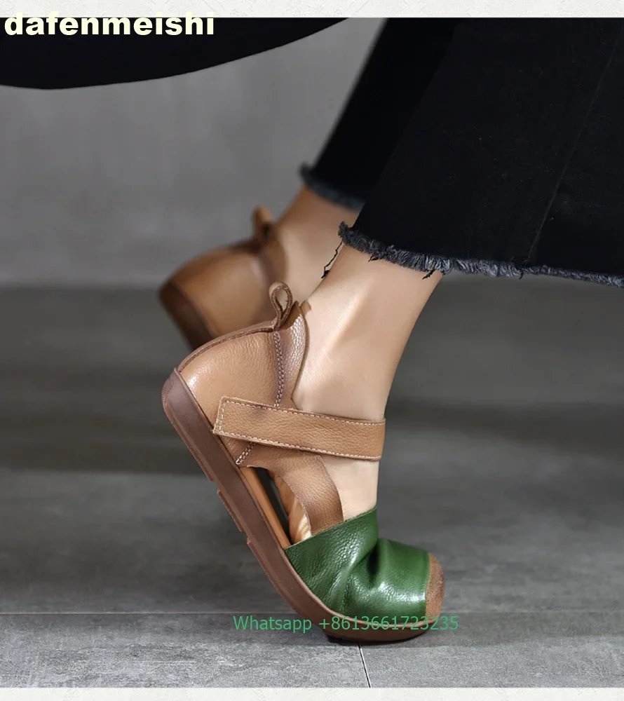 

Женские сандалии в стиле ретро, весна-лето 2023, новые римские сандалии на плоской подошве с квадратным носком и мягкой подошвой, разноцветная повседневная обувь из воловьей кожи