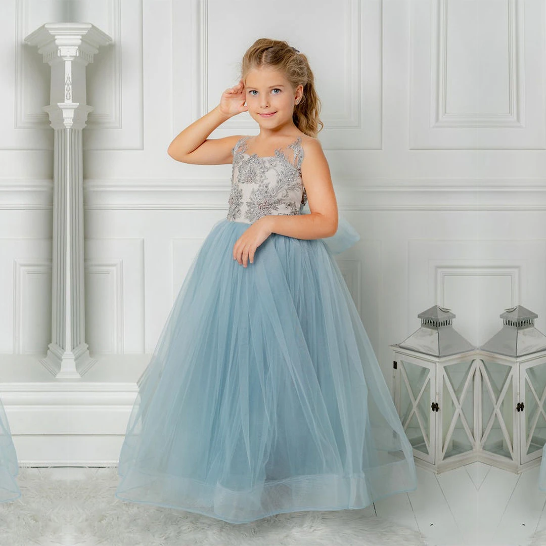 ชุดเดรสเพื่อนเจ้าสาวสำหรับเด็กผู้หญิงลูกปัดคริสตัลหลากสีสำหรับชุดราตรีงานแต่งเปลือยหลังภาพลวงตาสำหรับปาร์ตี้