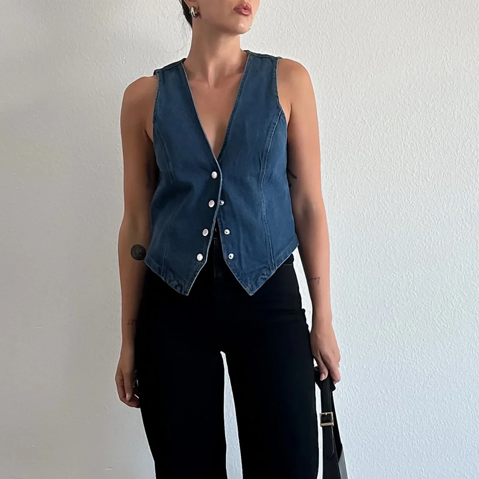 Combhasaki Women Y2K Vintage Denim Vest Corset Sleeveless Waistcoat V-Neck Tank Tops Button Down Irregular Hem Jean Slim Jackets