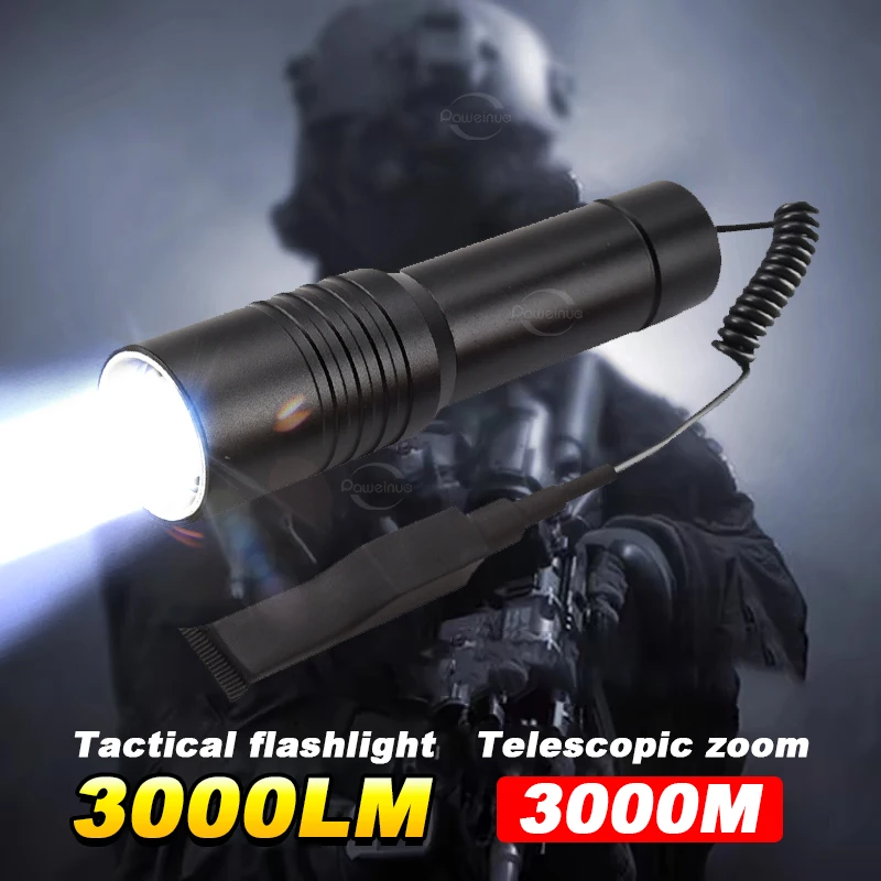 High Lumen Tactical Flashlight Night Scout Light Telescopic Zoom 3000M Long Range USB Rechargeable Tactical Light for Hunting