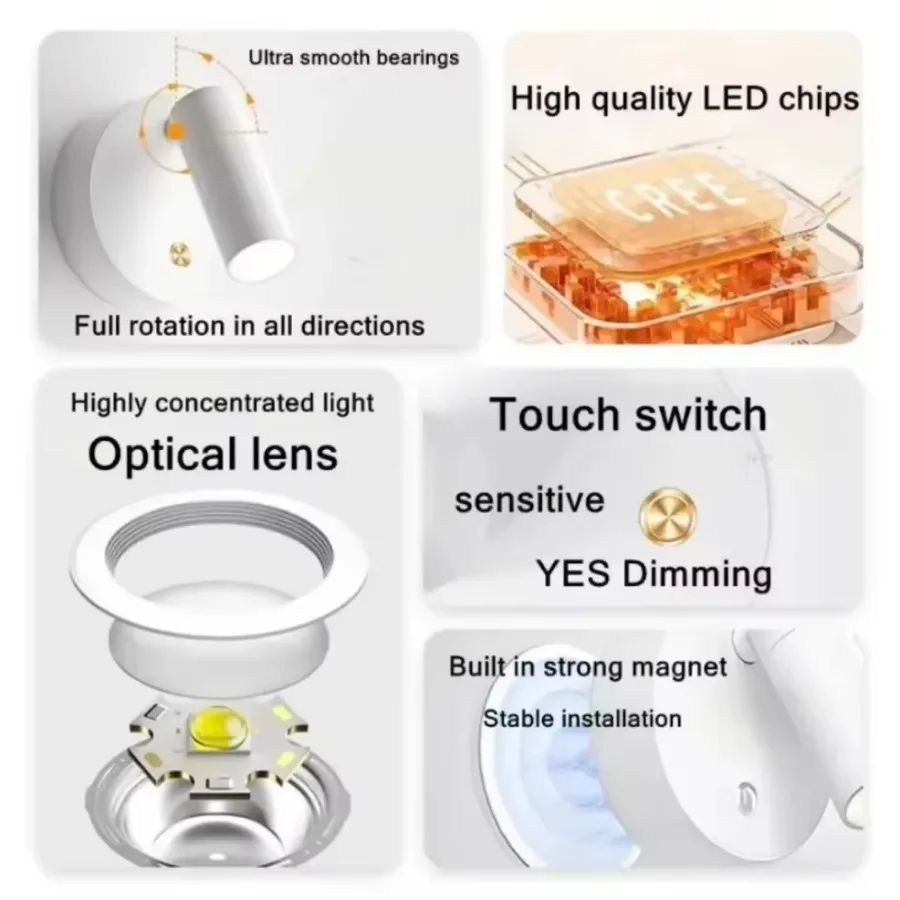 조도 조절 LED 침실 벽 조명, USB 충전식, 터치 스위치 포함, 침대 옆 공부 독서용, 블랙 화이트 자석 베이스