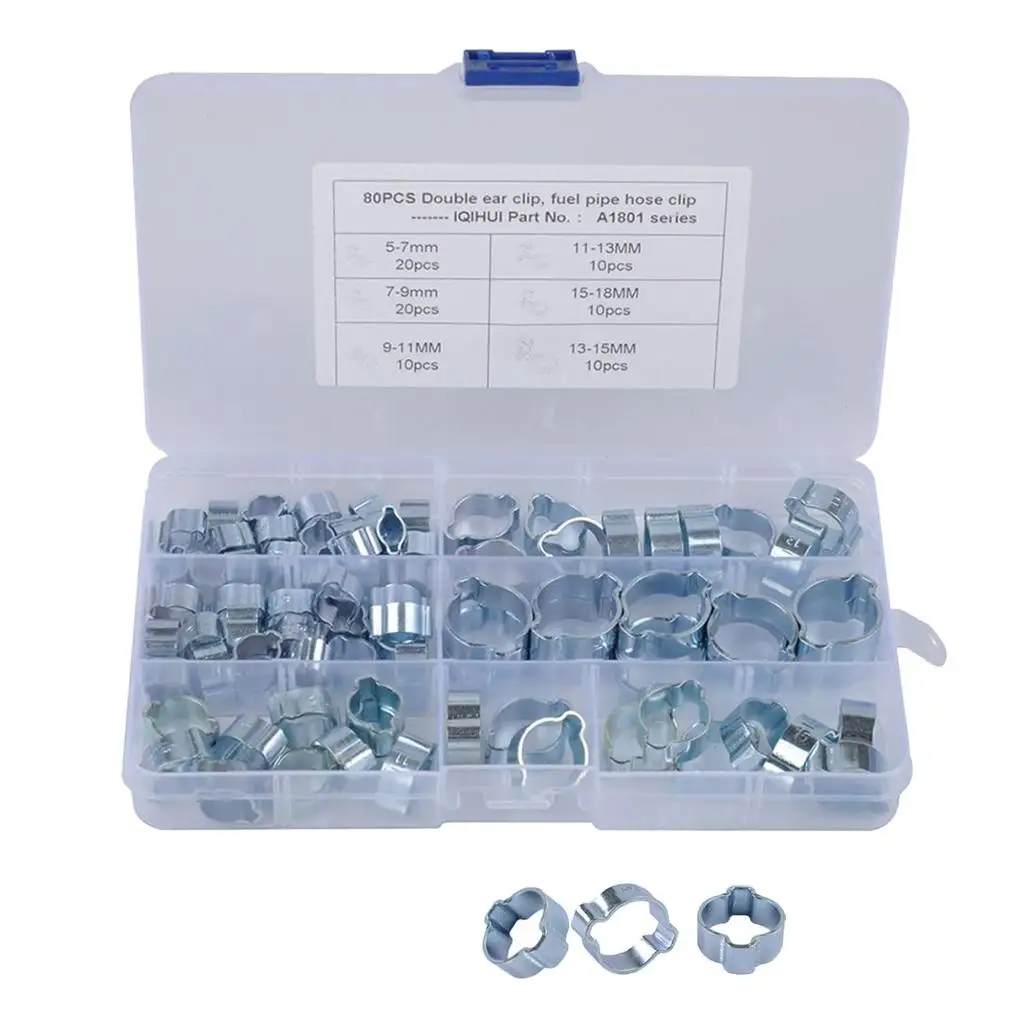 Assorted Box of O Clips 5 - 18mm Qty 80 Double Ear Clamp Hose Petrol Water