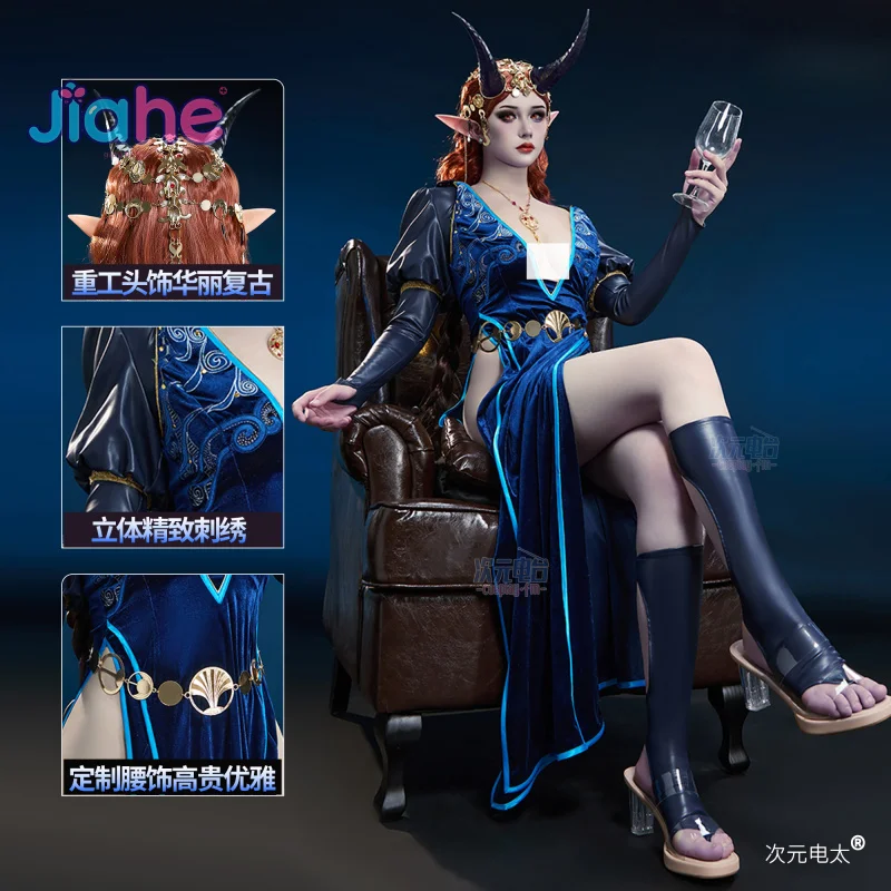 

Baldur's Gate 3 Mizora Cambion Cospaly Costume Deep blue sexy woman long dress necklace waist chain socks headwear Halloween set
