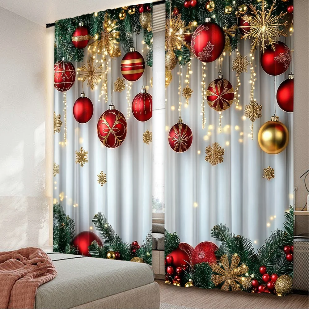 2 Stück 2D-Flachdruck Hochwertige Weihnachtsvorhänge Festliche Ornamente Langlebige Polyesterfaser Party- und Urlaubsdekoration für