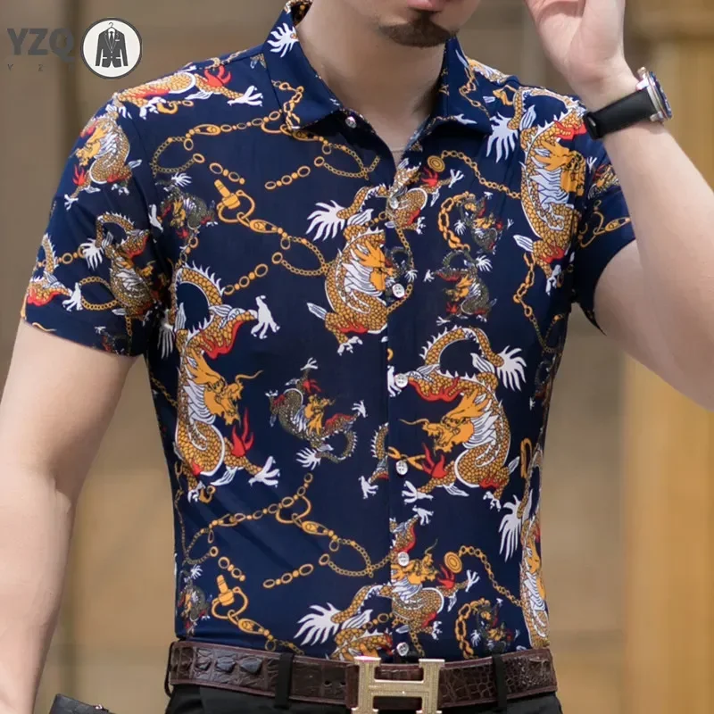 New Summer Men\'s Flower Animal Pattern Short sleeved Shirt Top