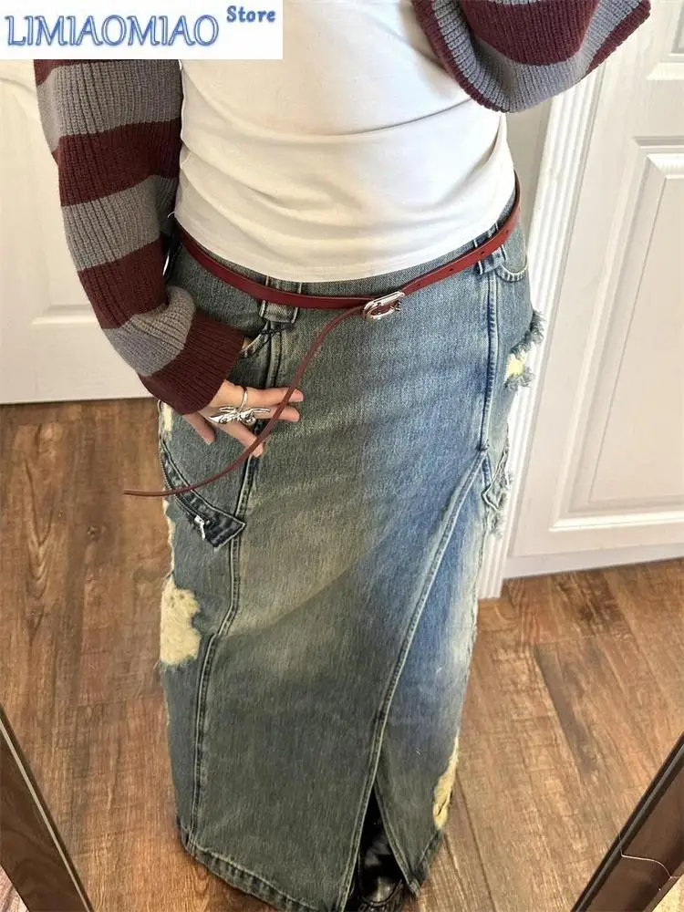 Women's Ripped Fish Tail Slit Denim Long Denim  Skirt Cool Girl Vintage Fashion Summer Female Straight Ankle-length Skirts