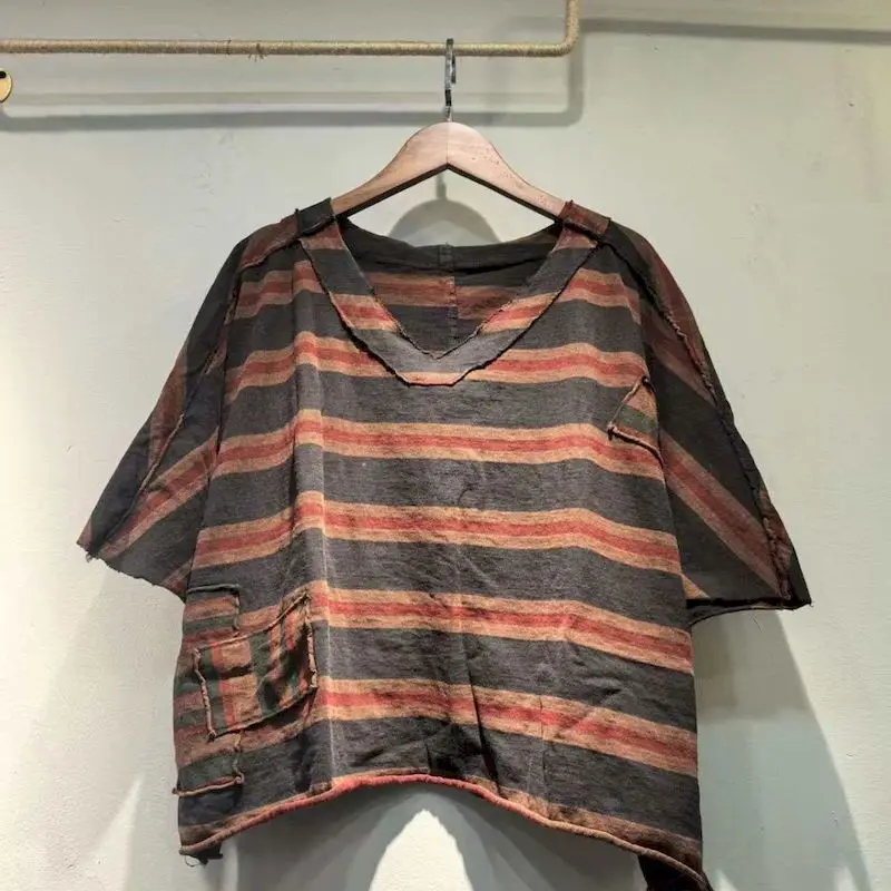 Short Sleeve T-shirts for Women Summer Trend Thin Tops Fashion Striped Design Tees Washed Stir Fried Color Retro Style Tshirt