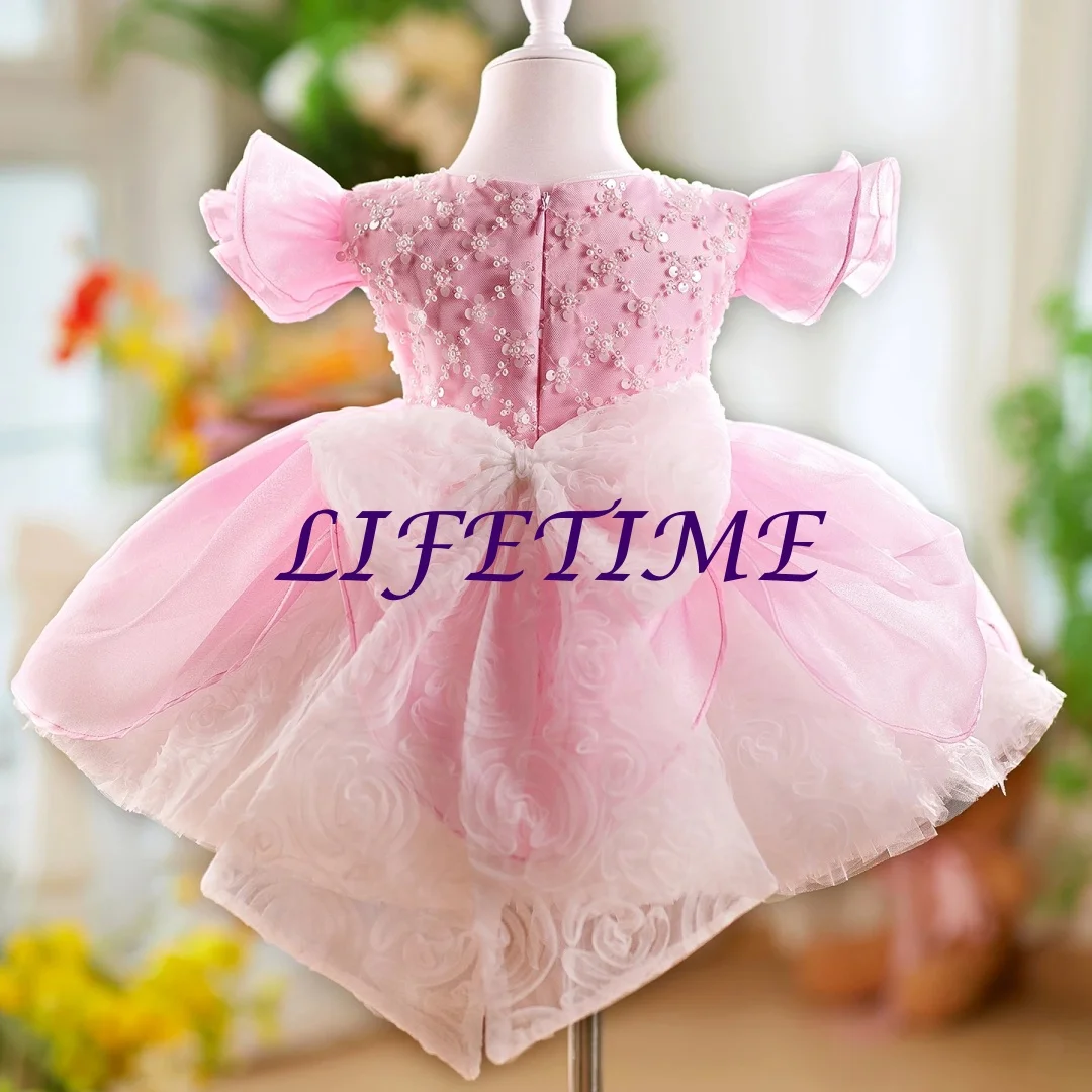 

customizedElegant Pink Flower Girl Dresses Sequined knee Length for Baby Kids Wedding Birthday Party Pageant Ball Gown