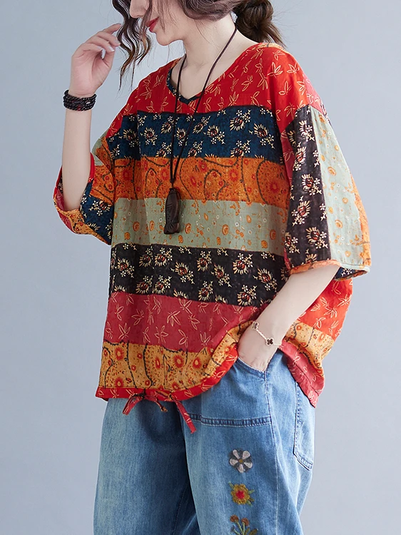 Cseta Casual de Aodão e Linho com Manga Curta, Decote Redondo, Ajuste Solto, Tamanho Plus, Top Vintage F que Disf...