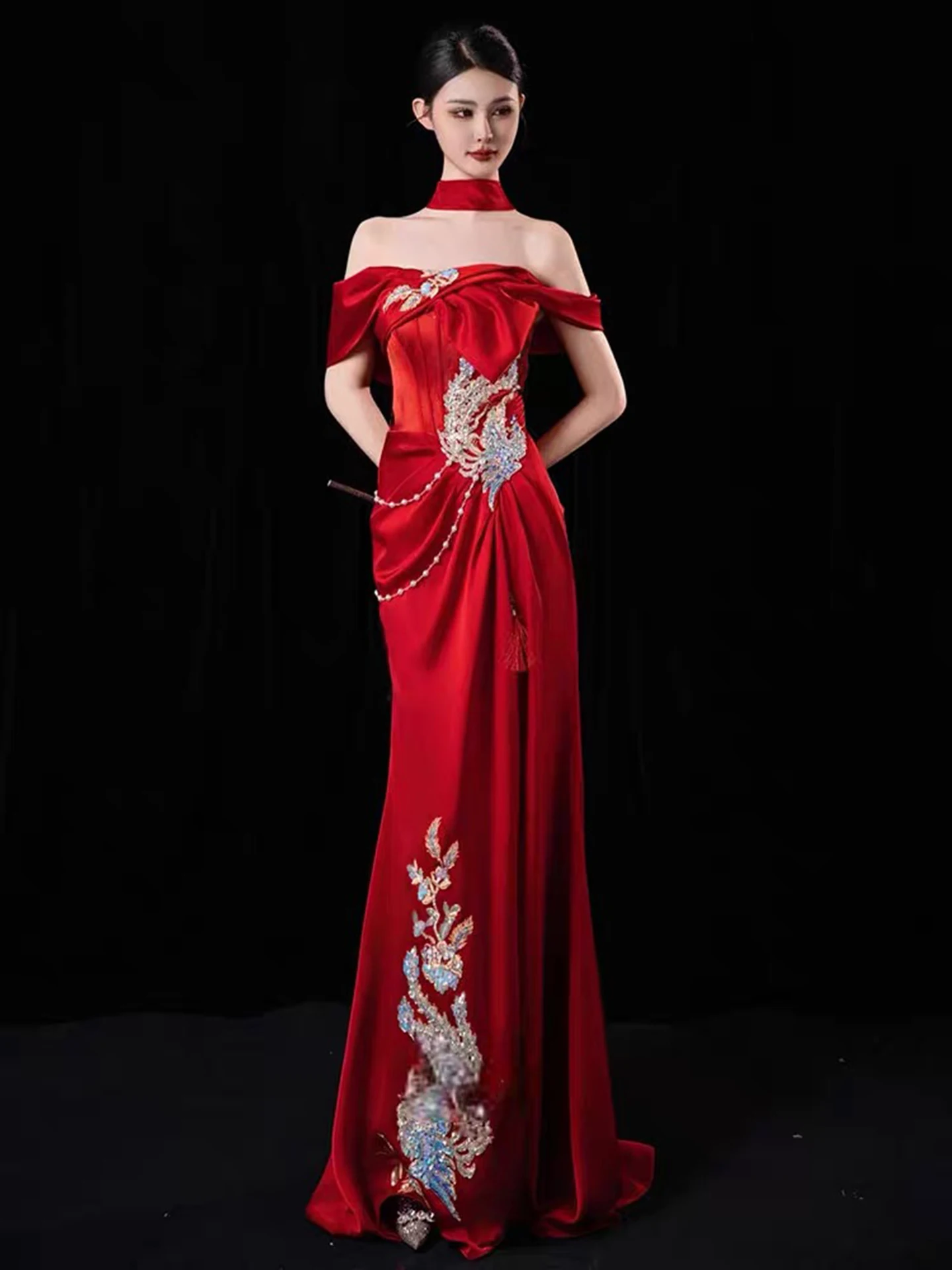 

Красное вечернее платье на одно плечо с вышивкой в винтажном стиле, фасон «рыбий хвост», для женщин, для свадебной церемонии, банкета и торжественного выхода домой