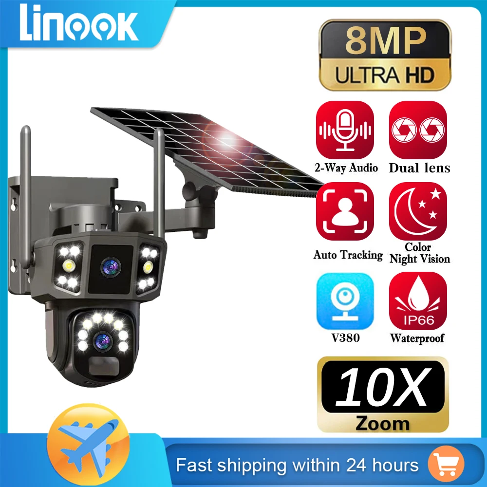 Linook V380 4K dual lens 10X outdoor security camera IP camera wireless WIFI solar closed-circuit television 4G sim solar camera