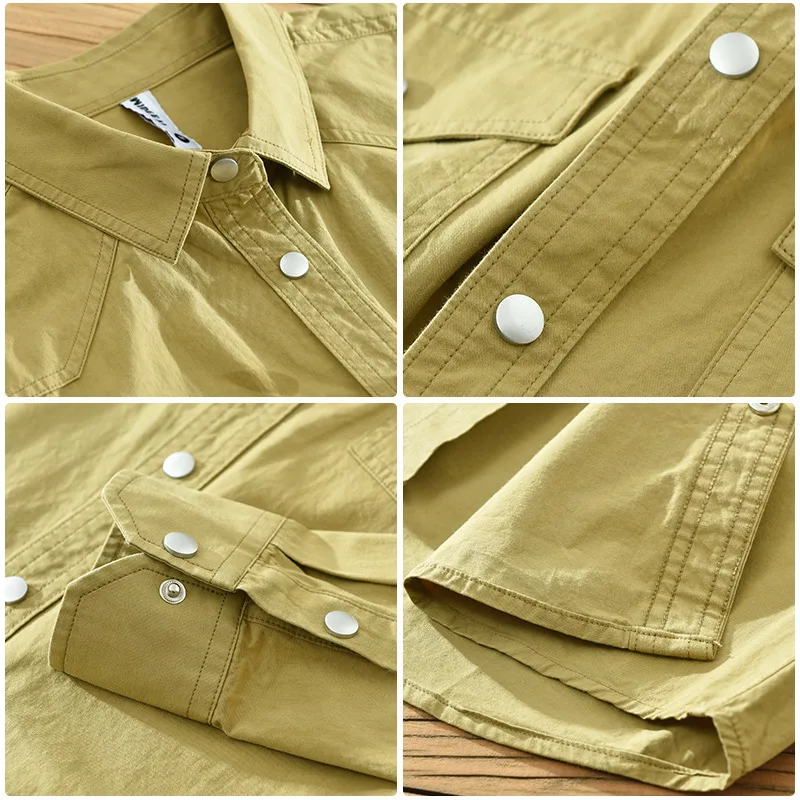 New 100% Cotton Mens Long Sleeve Shirts Spring Autumn Causal Workwear Lapel Double Pockets Yellow Shirt Youth Fashion Overshirt