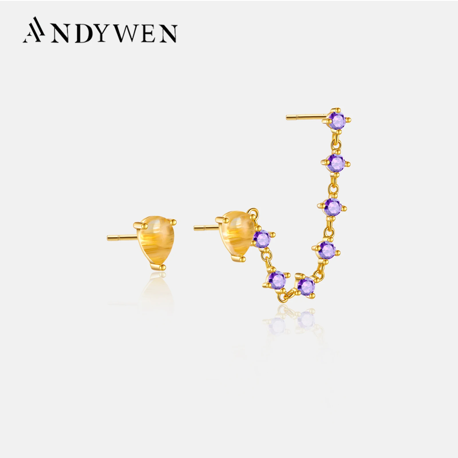 ANDYWEN 925 Sterling Silver Gold Chain Purple Zircon Stud Earring 2023 Rock Punk Luxury Fashion Jewelry Piercing Ohrringe