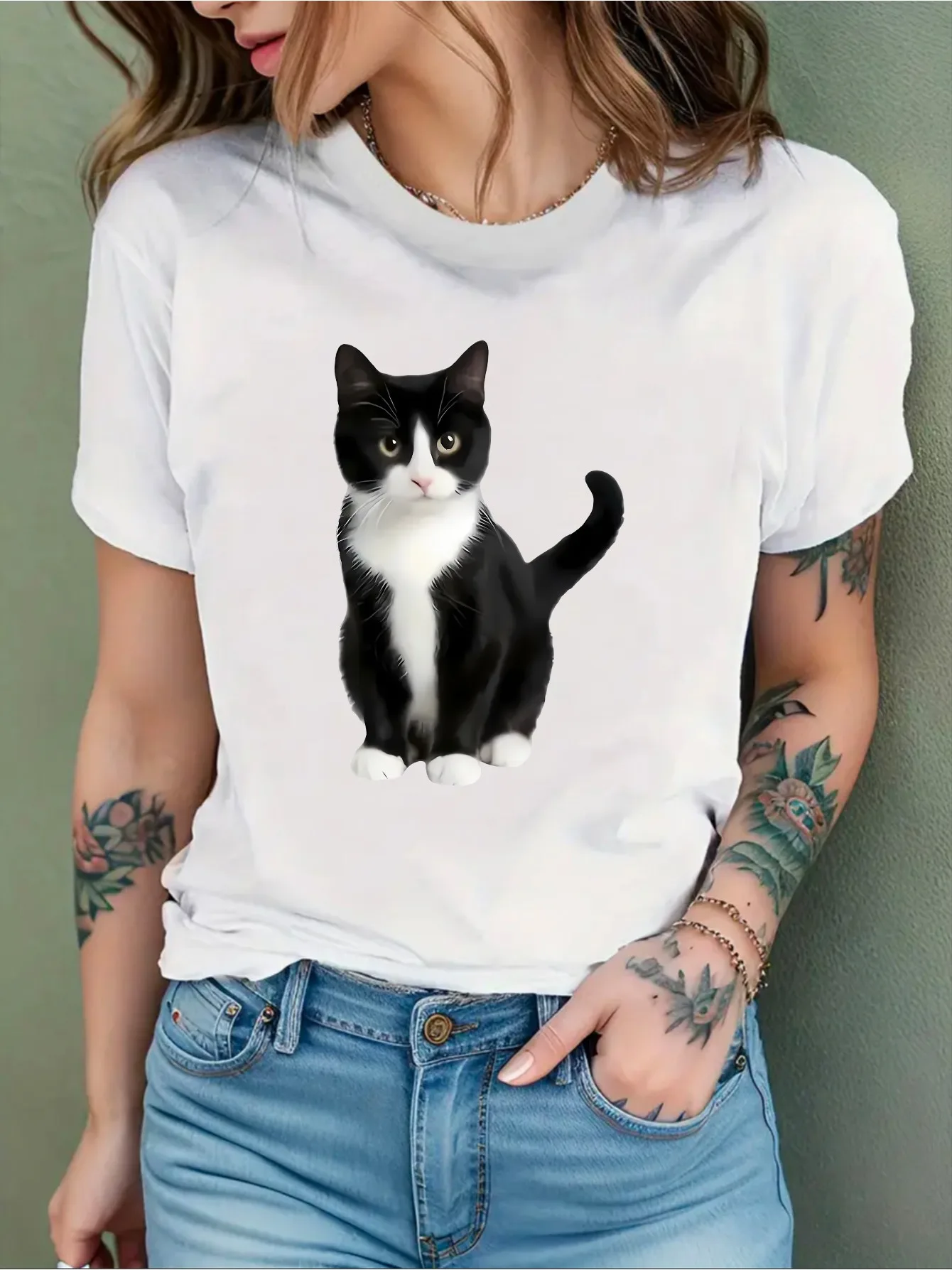 T-shirt casual da donna con stampa gatto bianco girocollo manica corta top primavera ed estate t-shirt casual con gatto grafica giocosa estiva