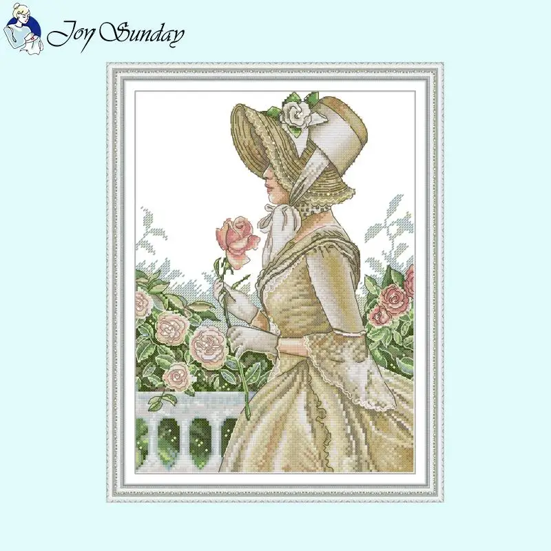 Flower Picking Beauty DIY Character Cross Stitch Embroidery Aida 14CT16CT 11CT White Canvas Printed Fabric Needle and Thread Kit