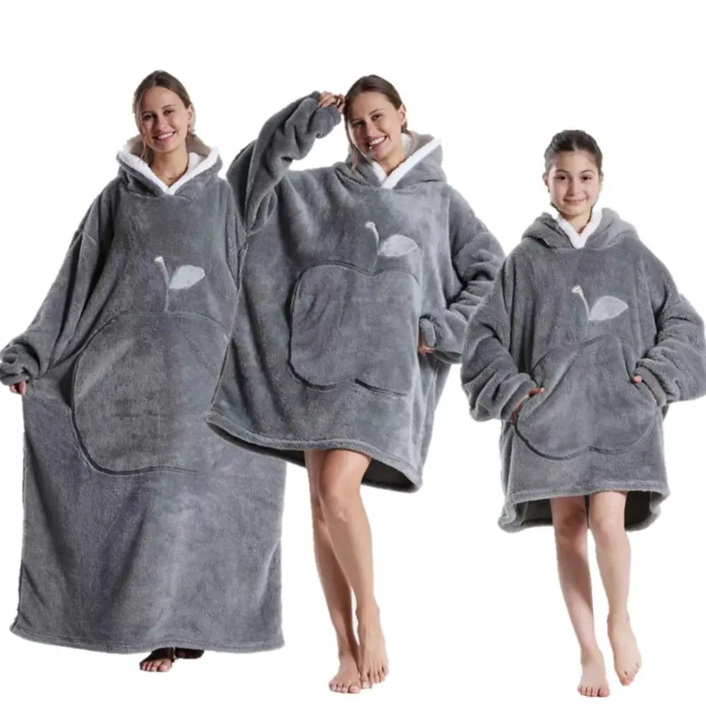 Super Long Winter Blanket Hoodie Warm Flannel Blanket with Sleeves Oversized Pullover Coral Fleece Soft Nightgown for Women Men