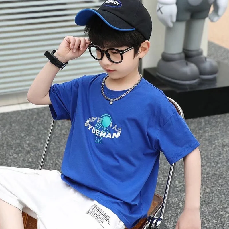 Children's Round Neck New Temperament Summer T-shirt Five-point Sleeve Simple Trend All-match Korean Style Children's Clothing