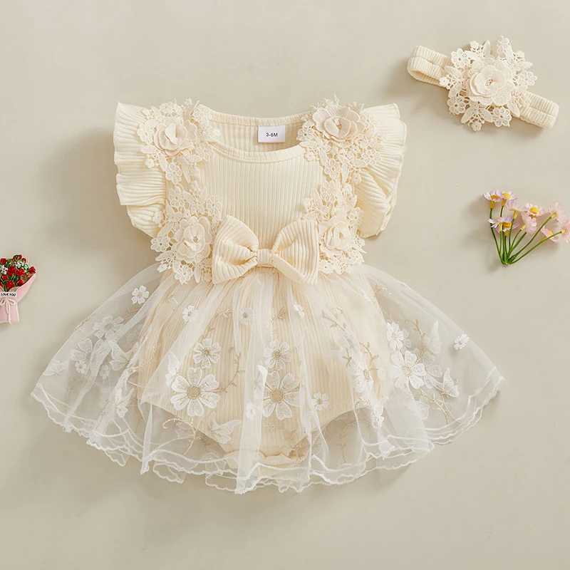 Baby-Mädchen-Prinzessin-Strampler, einfarbig, Blumenspitze, Stickerei, Rock, mehrlagig, Rüschen, ärmellos, Druckknopf-Boden-Overall mit Stirnband