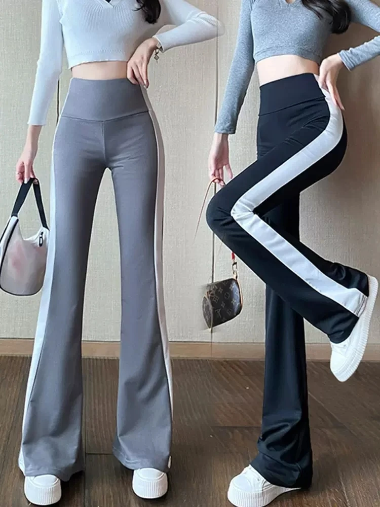 Sexy Slim Autumn Casual High Waist Striped Flare Pants Women Stretch Pantalones De Mujer Wide Leg Bell Bottom Pant Boot Cut