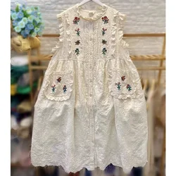 Rococo Cotton Floral Embroidery Ruffled Lace Sleeveless Midi Dress for Women Victorian Cottage Core Retro Shabby Chic Long Dress