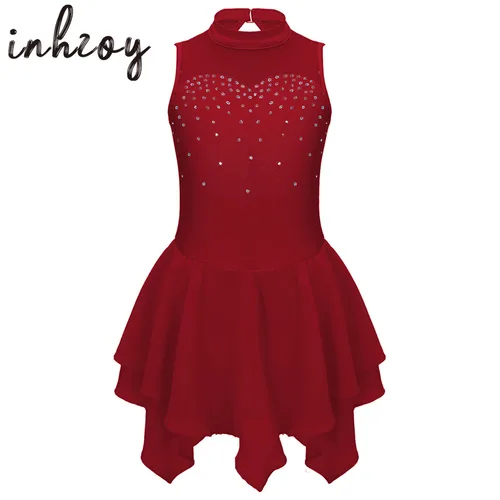 Imagen 1 del producto Vestido de leotardo de gimnasia y Ballet con diamantes de imitación para niña, vestido de patinaje sobre hielo con espalda hueca, traje de competición de salón, Ropa de baile