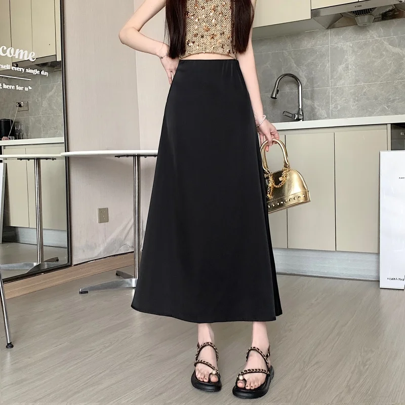 

Elegant High Waist A-Line Suit Skirt Silk Satin Soft Black Midi Dress Slimming Versatile for Ladies Polyester Fiber