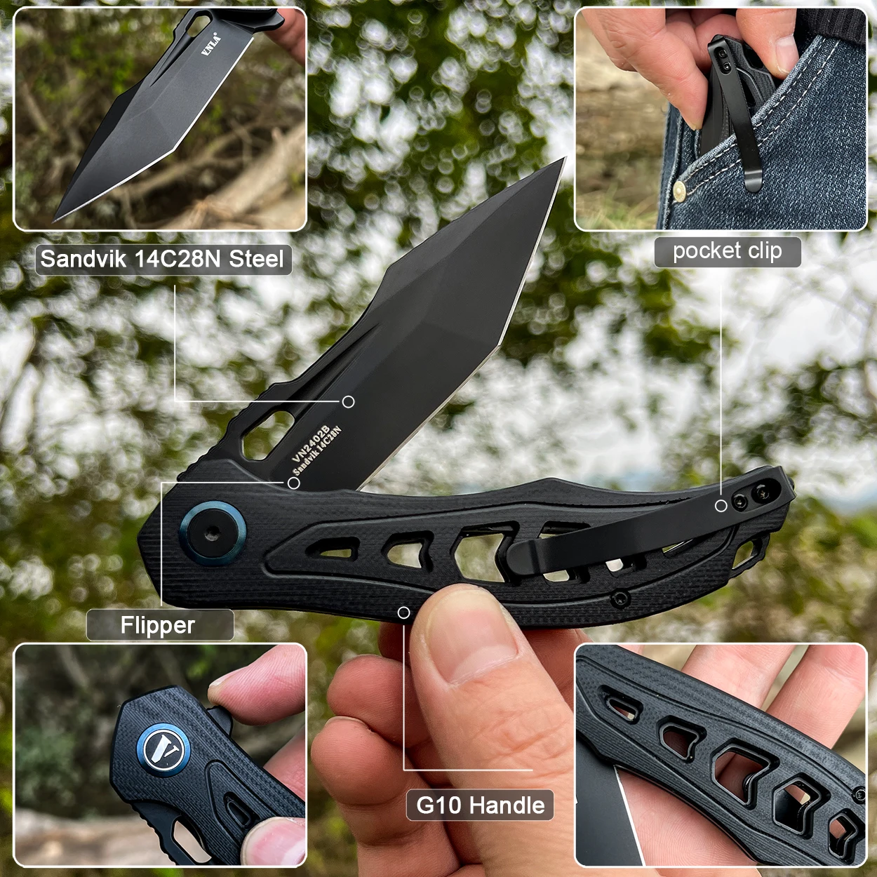 VNLA Pocket knife 14C28N steel sharp folding knife G10 handle knife Outdoor camping portable knife EDC tool knife Open express