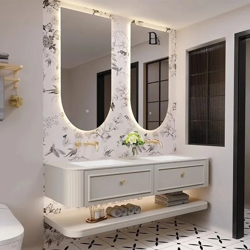 bathroom cabinet rock slab seamless integrated basin combination bathroom double basin washstand oak paint