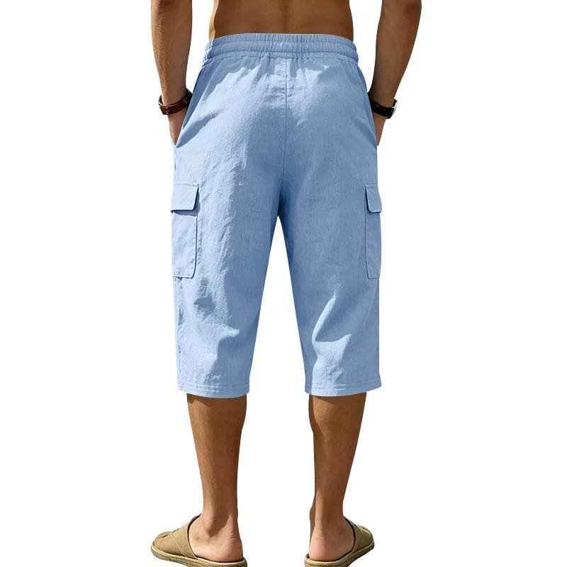 Europäische und amerikanische Sommer-Shorts aus Leinen für Herren, lässig, Outdoor, Arbeitskleidung, Pendler, Sport, Multi-Pocket, 7/8-Länge – Detail 35
