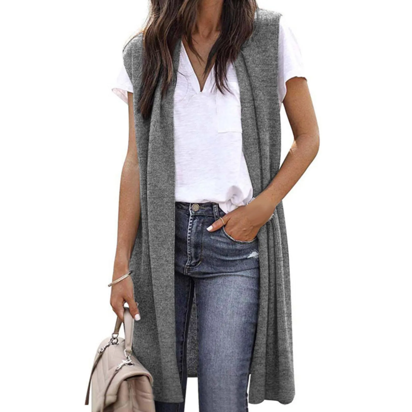 Women\'s Sleeveless Open Front Pocket Causal Lightweight Kimono Cardigan Coat