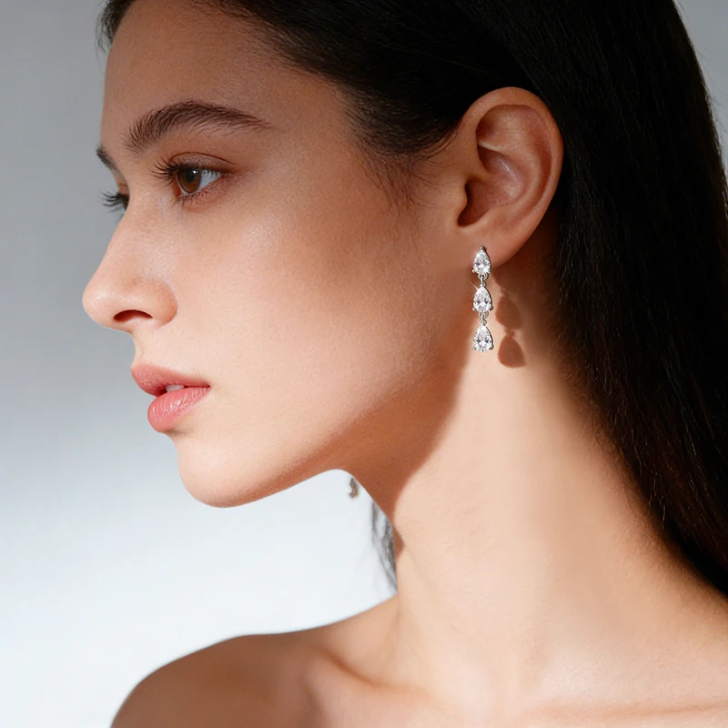 4*6MM Pear Cut 3‑Stone Moissanite Drop Dangle Earrings for Women Girls, D Color VVS1, S925 Sterling Silver, Pass Diamond Tester Sparkling Fine Jewelry Gift for Dating Party Wedding Anniversary